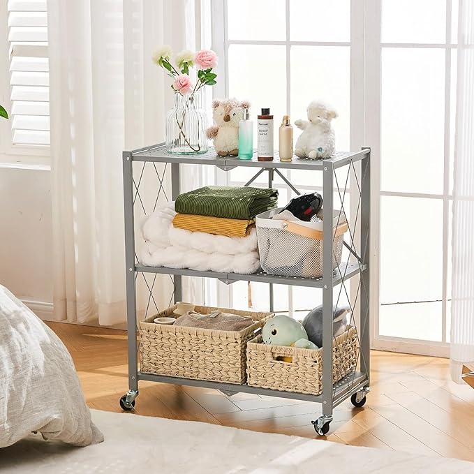 BRIAN & DANY 3-Tier Foldable Storage Shelves with Wheels, No Assembly Folding Shelf Metal Rack, Shelving Unit for Kitchen, Garage, Gray - Image 2