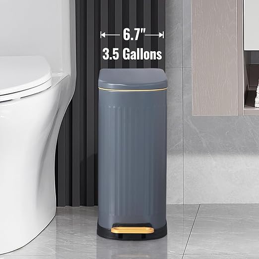 SYNCVIBE Slim Bathroom Trash Can with Soft Close Lid Stainless Steel Garbage Can Step Trash Bin with Removable Inner Bucket for Bedroom, Office, Kitchen (Matt Grey, 3.5 Gallons) - Image 2