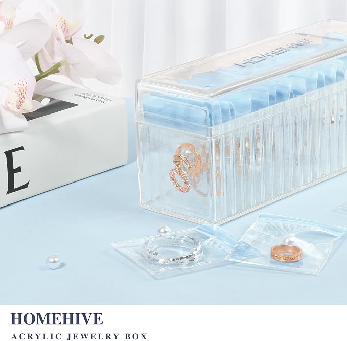 HOMEHIVE Acrylic Jewelry Box Organizer, Clear Jewelry Organizer Holder with 20 Portable Anti Tarnish Jewelry bags, Travel Jewelry Case for Earrings/Rings/Necklaces for Women Girls, Blue - Image 2
