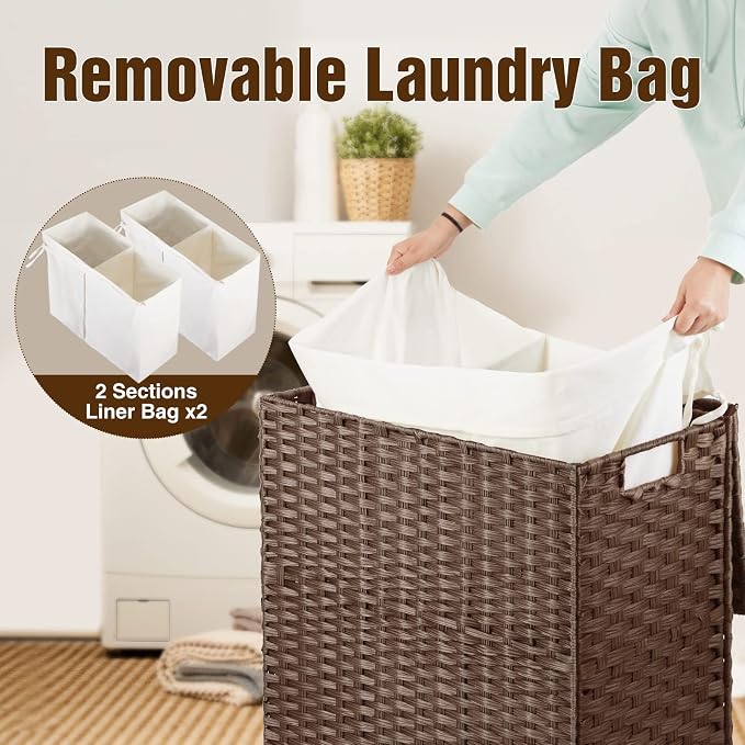 Greenstell Laundry Hamper with lid, No Install Needed, 90L Wicker Laundry Baskets Foldable 2 Removable Liner Bags, 2 Section Clothes Hamper Handwoven Rattan Laundry Basket with Handles, Brown - Image 7