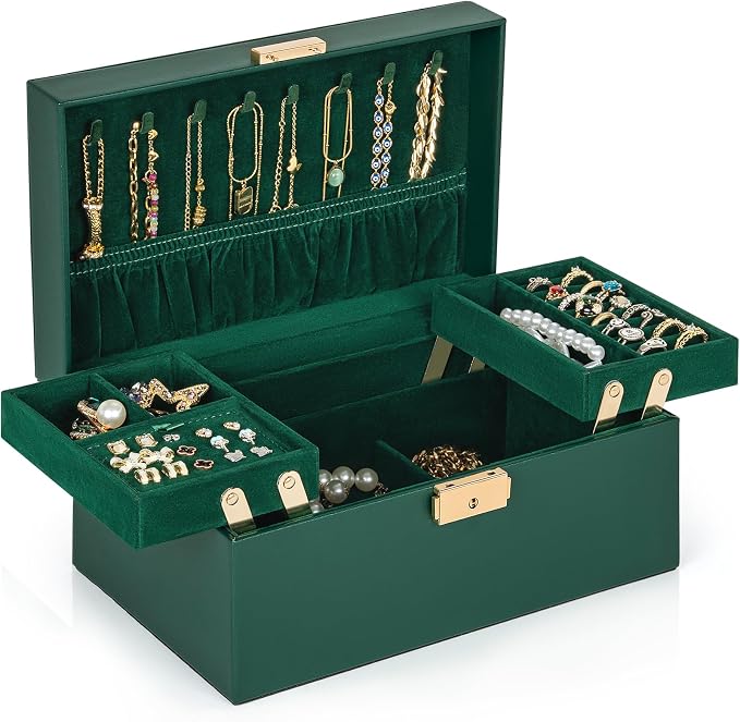 AKOZLIN Travel Jewelry Box Organizer Functional 2-trays Leather Jewelry Storage Case with Lockable Portable for Women Girls Ring Necklace Earring Bracelet by AKOZLIN