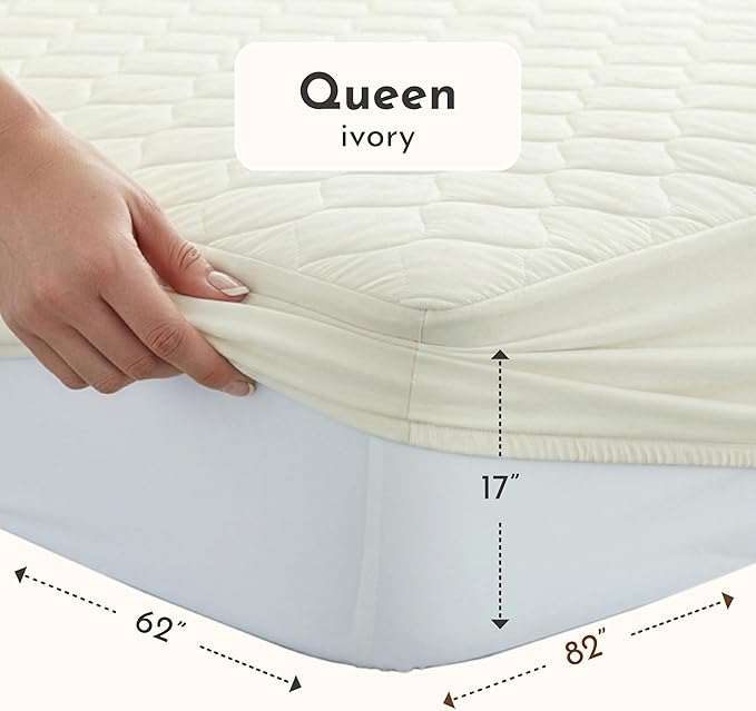 100% Cotton Organic Mattress Protector | Breathable & Noiseless GOTS Organic Mattress Pad with Premium 300GSM Durability | Machine Washable Quilted Bed Protector with Deep Pocket (Ivory, Queen)