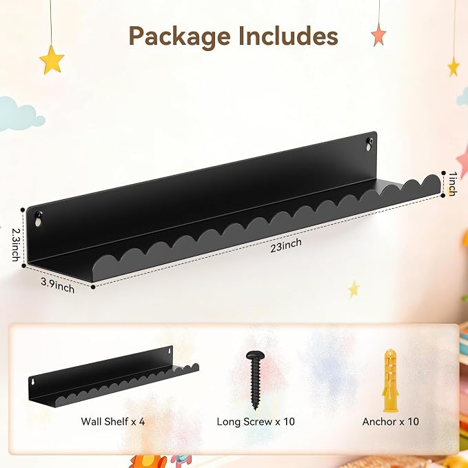 Floating Shelves for Wall, 23 Inch Metal Nursery Book Shelves 4 Pack, Wall Mounted Book Shelf for Kids Room, Bedroom, Bathroom, Playroom Decor (Black) - Image 2