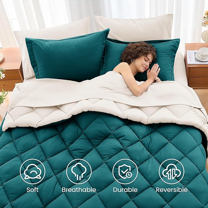MUXHOMO 7 Pieces Queen Comforter Set, Reversible Bed in a Bag Queen Size, All Season Bedding Set with Comforter, Flat Sheet, Fitted Sheet, Pillowcases & Shams, Peacock Blue & Ivory