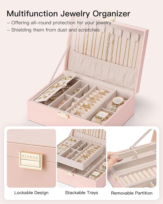 VLANDO 2 Layer Jewelry Box Large Jewelry Organizer for Mothers Day Mom Gifts Jewelery Tray with Watch Pillow for Necklace Earrings Rings Bracelets Jewelry Boxes for Holidays Gifts (Pink) - Image 4