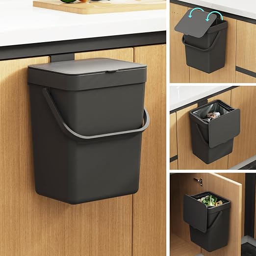 LALASTAR Countertop Compost Bin, Hanging Small Trash Can with Lid Under Sink for Kitchen, Food Waste Bin for Countertop, Mountable Garbage Can for Bathroom, RV, 5L/1.3 Gal,Sliding Lid, Black by LALASTAR