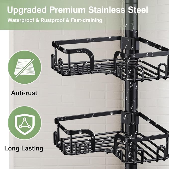 Corner Shower Caddy Tension Pole 4 Tier Adjustable Stainless Steel Shower Shelf for Inside Shower Bathtub Shampoo,Standing Bathroom Organizer Shelves with 39 to 113 inch Height - Image 5