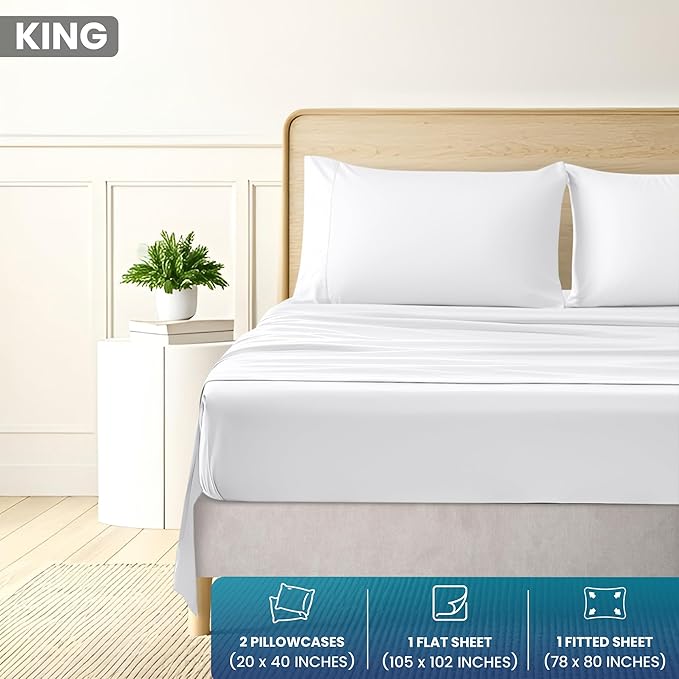 Utopia Bedding King Size 4 Piece Sheet Set - Brushed Microfiber - Soft Bed Sheets for King Size Bed - Includes 1 Fitted, 1 Flat, & 2 Pillow Cases - Deep Pocket (White)