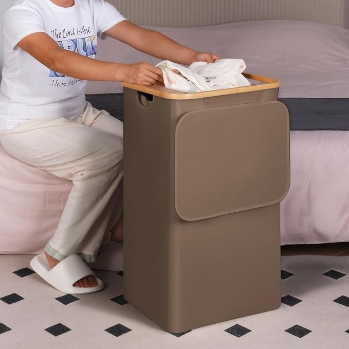 efluky 26 Gal Laundry Basket with Lid and Net Bag, Tall Laundry Hamper with Bamboo Handles, Aesthetic Dirty Clothes Bin for Laundry Room, Bathroom, Bedroom and Dorm, Brown - Image 5