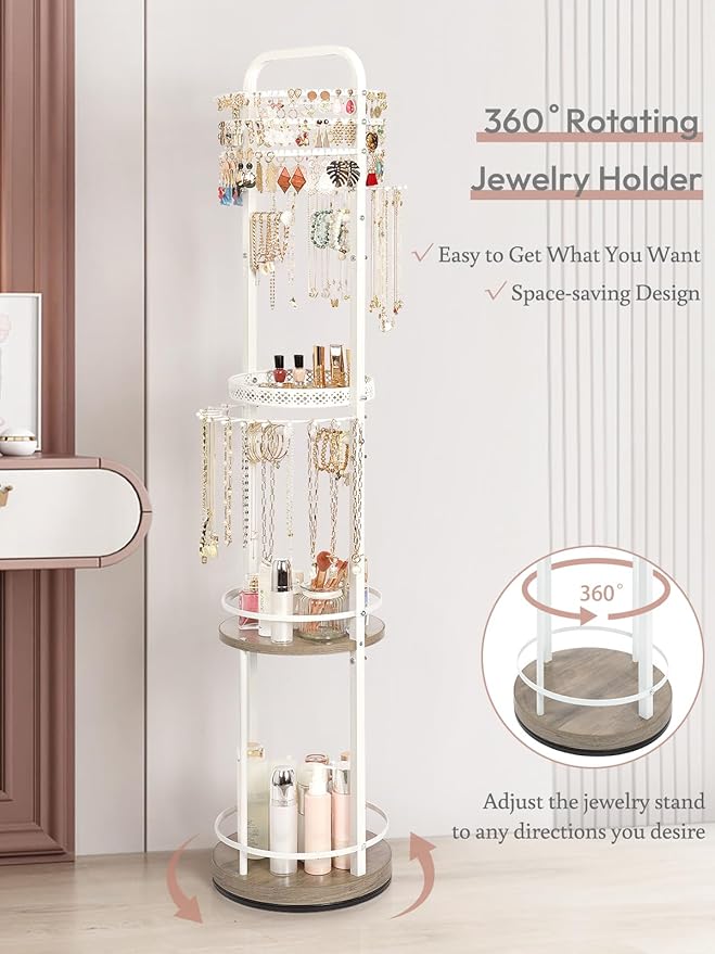 Jewelry Holder Organizer, Floor Jewelry Organizer with Earring Organizer Necklace Holder, Rotating Jewelry Stand Necklace Display Earring Storage, Large Hanging Jewelry Tree for Jewlery Bracelet Ring - Image 3
