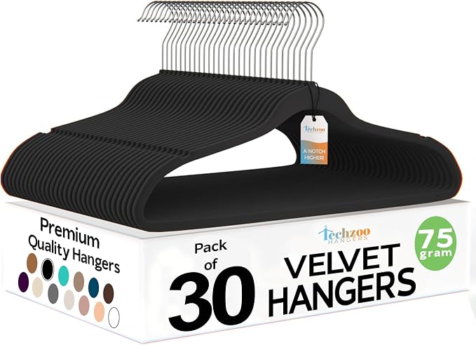 Techzoo Premium Velvet Hangers 30 Pack Ultra Thin Non Slip Adult Felt Space Saving Suit Hanger for Closet Heavy Duty Coat Pants Jackets Dress Hangers 360° Swivel Hook Hold Upto 10 lbs Black by TECHZOO