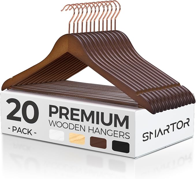 Smartor Wooden Hangers 20 Pack, Solid Wood Coat Hanger for Closet, Heavy Duty Wood Hangers for Suits, Shirts, Dresses, with 360° Rose Gold Hook, Non Slip Pant Bar, Walnut by Smartor