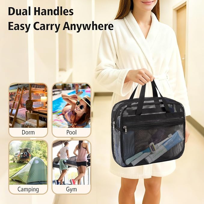 F-color Mesh Shower Caddy Portable with Zipper -Dorm Room Essentials for Guys Girls with S Hook, Shower Bag Basket Tote for College Camping Toiletry Bathroom, Black - Image 6