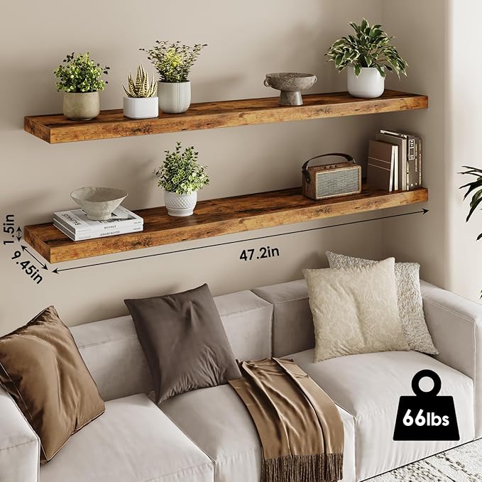 Fixwal Wood Floating Shelves for Wall, 47" Long Heavy Duty Wall Mounted Shelves for Living Room, Bedroom, Bathroom and Kitchen, Wall Shelves for Storage, Books, Room Decor (Rustic Brown, Set of 2) - Image 3