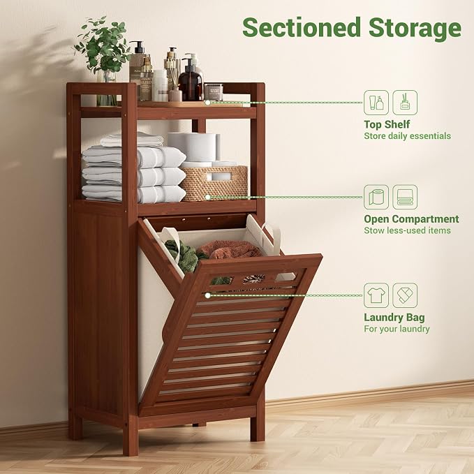 Homykic Tilt Out Laundry Hamper, 10 Gal Bamboo Laundry Storage Cabinet with Removable Basket, Hidden Hamper Organizer with Shelf for Dirty Clothes, Bathroom, Laundry Room, Space Saving, Walnut - Image 6