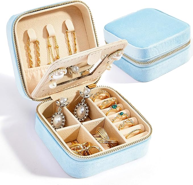 Smileshe Travel Jewelry Box with Mirror, Velvet Mini Case for Women Girls, Small Portable Gifts Organizer Boxes for Rings, Earrings, Necklaces, Bracelets - Image 4