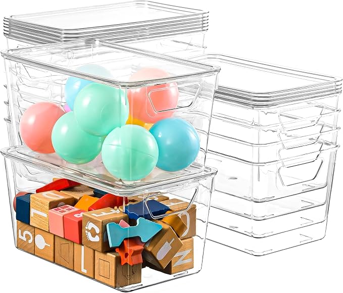 12 Pack Middle Stackable Storage Boxes for Storage and Organization, Clear Storage Bins with Lids, Plastic Storage Containers with Lids, Plastic Bins with Handles for Office, Bedroom, Study Room by Freebat
