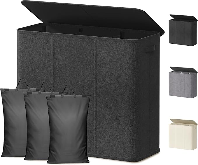 Lifewit Triple Laundry Hamper with Lid and Removable Laundry Bags, Large Collapsible 3 Dividers Dirty Clothes Basket with Handles for Bedroom, Laundry Room, Closet, Bathroom, College, 180L Dark Gray by Lifewit