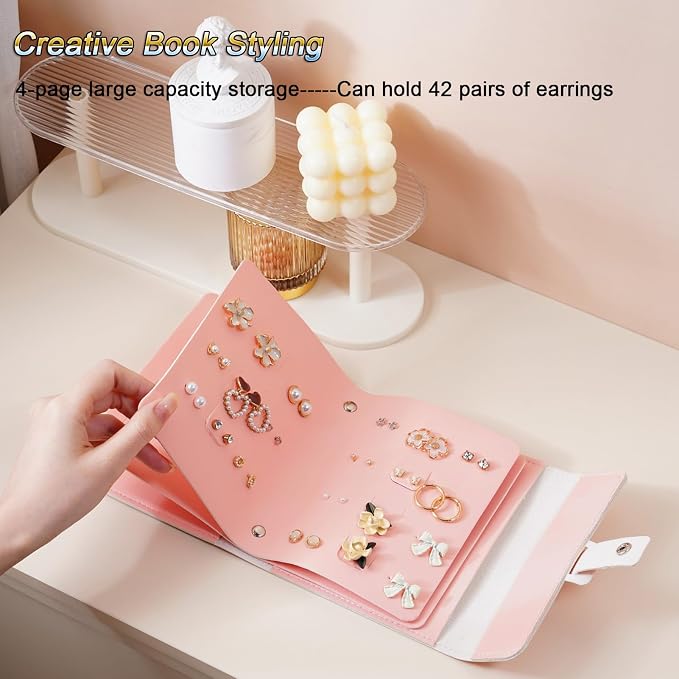 LAKE OF FIRE Earring Holder Organizer with Foldable Book Design Jewelry Book Organizer, Portable Pu Leather Travel Earring Case(Pink) - Image 3