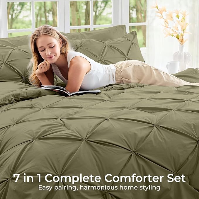 Sasttie Twin XL Comforter Set, 5-Piece Bed in a Bag, Pintuck Bedding Sets for All Season, Includes Comforter, Flat Sheet, Fitted Sheet, Pillowcase and Pillowsham, Olive Green