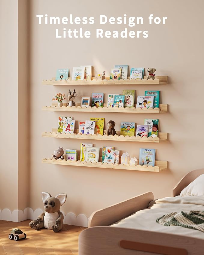 Shario Nursery Book Shelves, 4-Pack Wood Floating Shelves for Wall Kids, Scalloped Shelves, Wall Book Shelves for Bedroom Kids, Toddler Room, Baby Room, Nursery Decor(Wood, 36 Inches) - Image 5