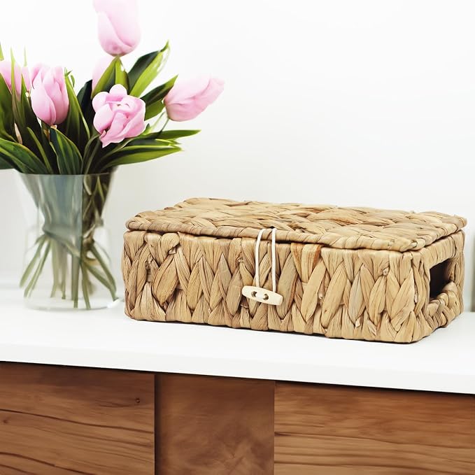 Small Basket with Lid, Wicker Storage Basket for Organizing, Rectangular Woven Basket for Storage, Water Hyacinth Decorative Boxes Bins with Lids (9" x 5.1" x 3") - Image 5