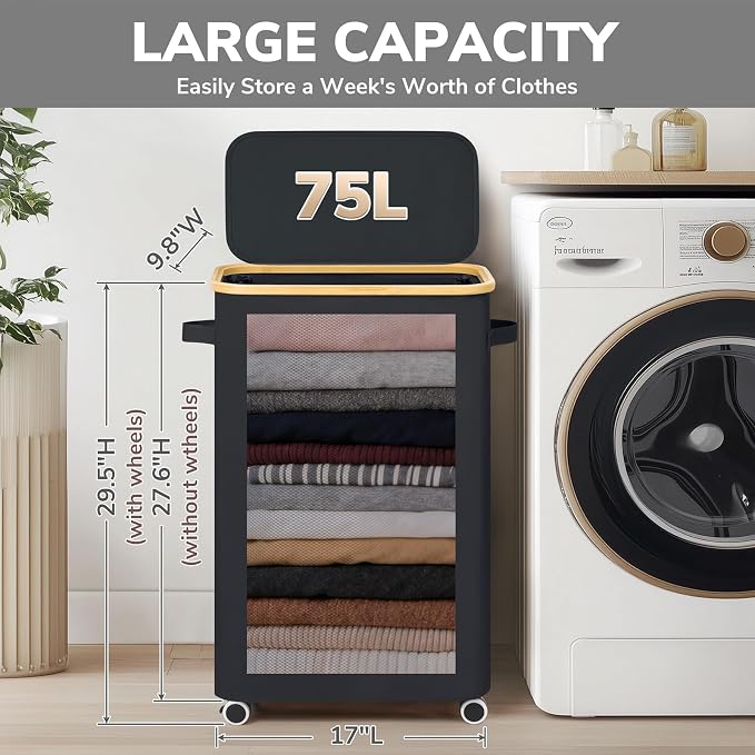 Goodpick Slim Laundry Basket with Wheels and Lid, 75L Rolling Laundry Hamper for Dorm Home Decor, Large Clothes Hamper with Bamboo Frame Removable Bag, Black, 17" x 9.8" x 29.5" - Image 3
