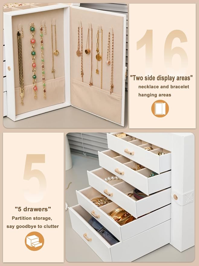 BOOVO Jewelry Box For women, 6 Layer Large Jewelry Organizer With Mirror, Multi-Function Storage Box With Lock, Necklace Holder With 5 Drawers, For Earrings Necklace Bracelet (White and Gold) - Image 3