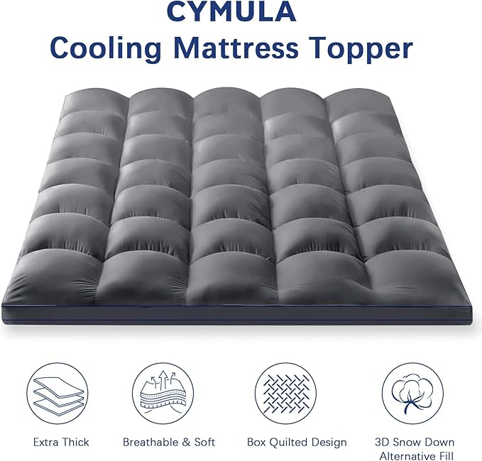 CYMULA Full Bed Mattress Topper, Grey Cooling Mattress Pad Cover, Thick Full Size Pillow Topper Soft with Deep Pockets, Washable Plush Down Alternative Fill Mattress Protector