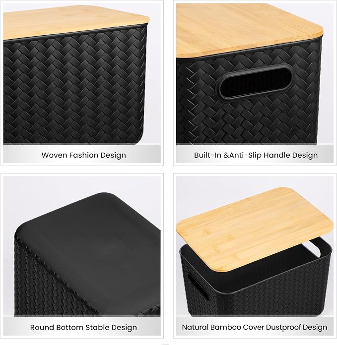 Ohmlove 4 Packs Storage Bins with Bamboo Lids - Plastic Storage Containers with Lids Stackable Storage Box: Storages Baskets for Organizing Desktop Closet Playroom Classroom Office, Black - Image 3