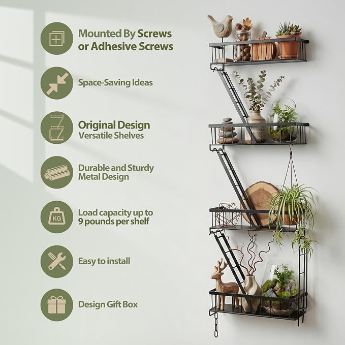 SweetSage Fire Escape Wall Shelf 4 Tier - NYC Decorative Floating Shelf Black Metal Book Shelves for Home Office Apartment Organizer and Display - Image 3