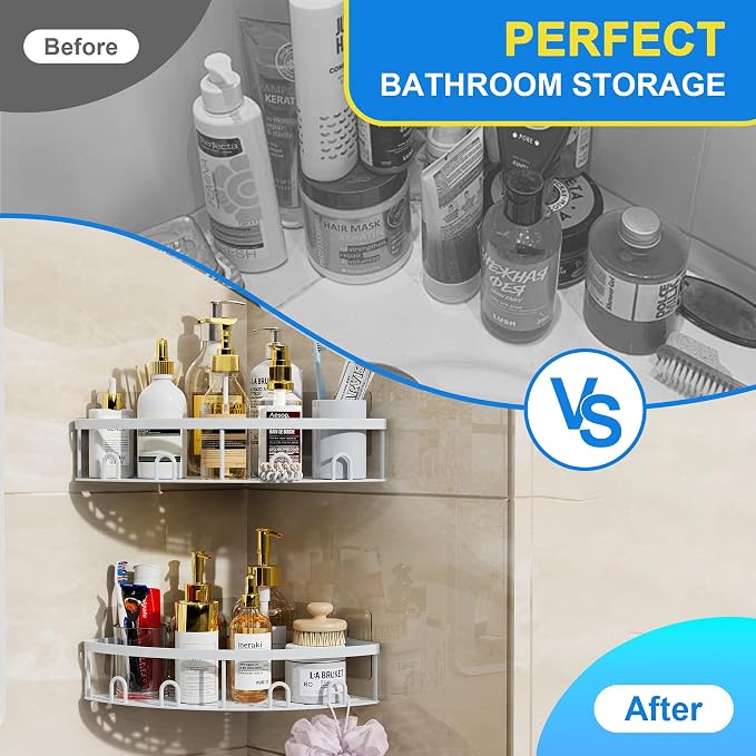 Corner Shower Caddy, 2 Pack Adhesive Bathroom Shower Corner Organizer Shelf, No Drilling Rustproof Wall Mounted Shower Storage Rack Shampoo Holder Organizer (White) - Image 2