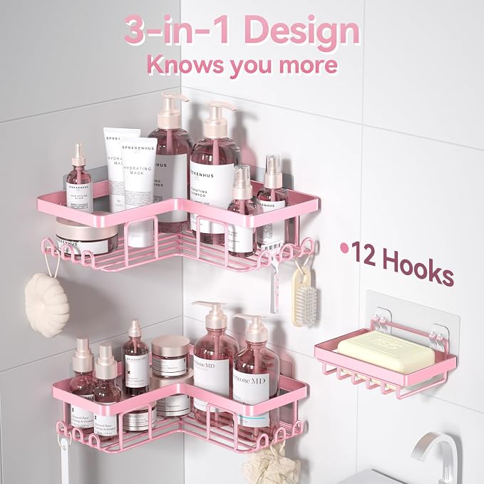 YASONIC Corner Adhesive Shower Caddy, with Soap Holder and 12 Hooks, Rustproof Stainless Steel Bathroom Organizer, No Drilling Wall Mounted Rack, Pink, 3-Pack - Image 5