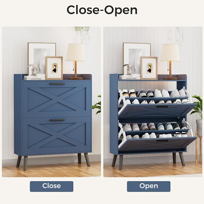 Homleke 32" W Farmhouse Shoe Storage Cabinet with 2 Flip Drawers and Barn Door Design, Adjustable Shelves, Modern Hidden Slim Narrow Shoe Rack Cabinet for Entryway, Foyer, Hallway, Living Room, Blue - Image 6