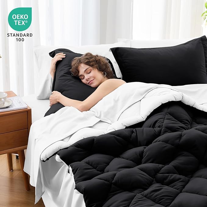 MUXHOMO 5 Pieces Twin XL Comforter Set, Reversible Bed in a Bag Twin XL Size, All Season Bedding Set with Comforter, Flat Sheet, Fitted Sheet, Pillowcases & Shams, Black & White