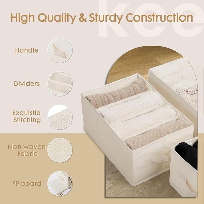 Criusia 6 Pack Large Clothes Organizer, Wardrobe Closet Organizer and Storage with Handles, Foldable Fabric Closet Organizers Dividers for Clothing, Pants, Jeans, Sweater, T-shirts, Beige - Image 4