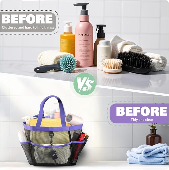 LOYEE Mesh Shower Caddy Portable for College Dorm Room Essentials with 8 Pockets, Shower Bag for Beach, Swimming, Gym, Travel, Bathroom(Purple) - Image 5