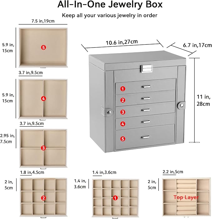 Frebeauty Large Jewelry Box,6-Tier PU Leather Jewelry Organizer,Multi-functional Storage Case with Mirror,Accessories Holder with 5 Drawers for Necklace Bracelets Watches(Grey) - Image 3