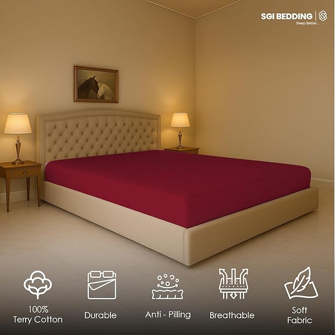 SGI bedding Waterproof Vermont King 96"x 96" Extra Large Bed Mattress Pad Cover, 18" Deep Pocket, Soft Noiseless & Breathable Fitted Sheet Style Mattress Protector – Burgundy