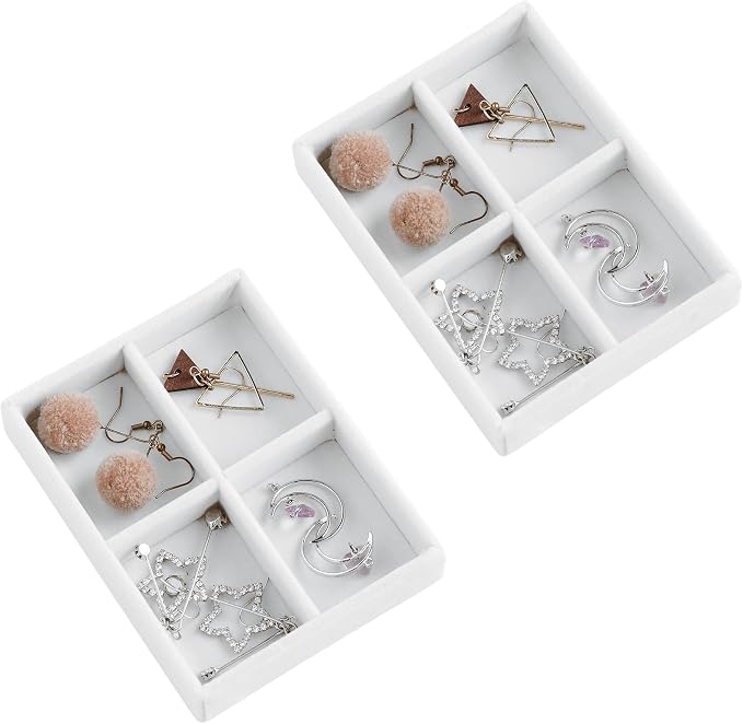 Frebeauty Small Jewelry Tray Set,Stackable Velvet Jewelry Organizer Tray,Mini Jewelry Drawer Organizer,Drawer Inserts,4.92 x 3.74 x 0.9 Inches,4 Grid Earring Organizer for Women(Set 2,White) by Frebeauty