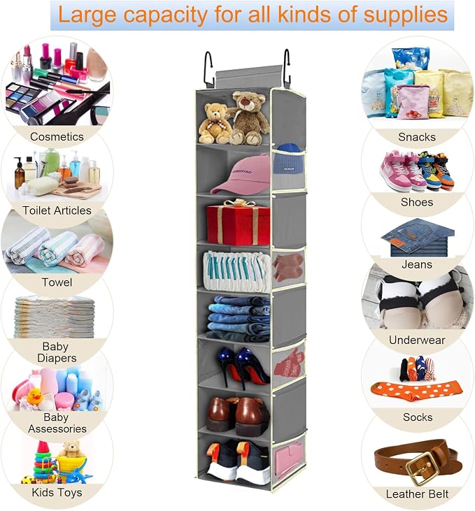 2 Pack Large-Sized Hanging Shoe Organizer 8-Shelf, Hanging Closet Organizer with 8 Side Pockets, Wider Hanging Shelves for Storage Shoes Clothes 9" W × 11.8" D× 48" H, Grey. - Image 6