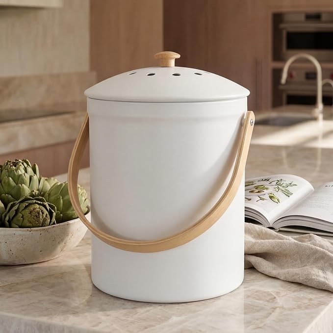 Beautiful Kitchen Compost Bin with Smell Proof Lid - Rust Proof and Odorless Compost Bucket for Your Countertop with No Smell Filters - Easy to Clean 1.1 Gallon Bin Looks Great On Any Kitchen Counter by KIBAGA