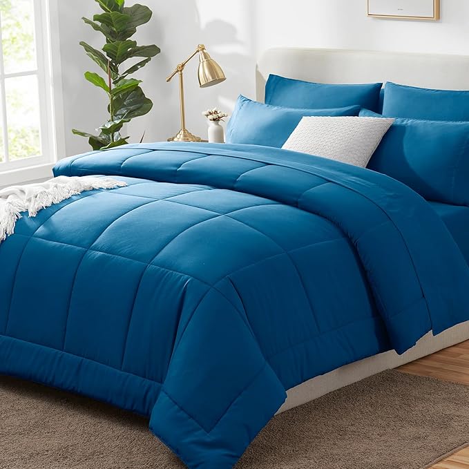 CozyLux Queen Comforter Set Teal, 7 Pieces Bed in a Bag, Teal Comforters Queen Size, All Season Bedding Sets with Stitch Quilted Comforter, Flat Sheet, Fitted Sheet, Pillowcases