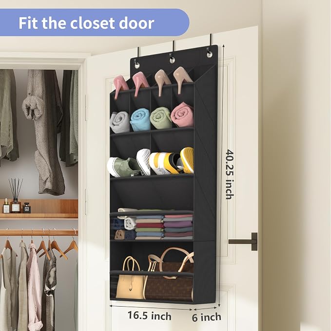 FENTEC 2 Pack Over the Door Shoe Organizer, Hanging Shoe Organizers with Large Pockets Shoe Holder Hanging Shoe Rack for Closet Shoe Organizer for Wall, Over Door Organizer with 30 Pockets, Black - Image 6