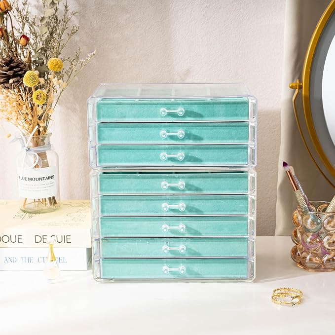 ProCase Earring Holder Organizer Jewelry Box with 8 Drawers, Acrylic Clear Earring Case with Adjustable Velvet Trays for Women - Aqua, 8 Layers - Image 6