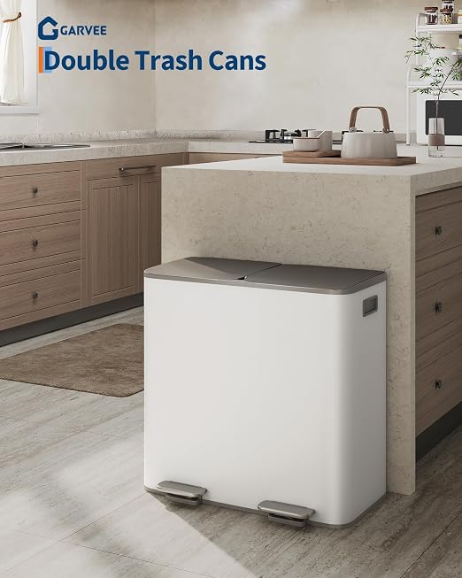 GarveeHome 2 x 10.6 gal Stainless Steel Double Trash Can with Lid for Kitchen, Large Dual Trash and Recycle Bin Combo, Step-on Kitchen Metal Garbage Cans, PP Inner Buckets, Liner Rim, Grayish-White - Image 6