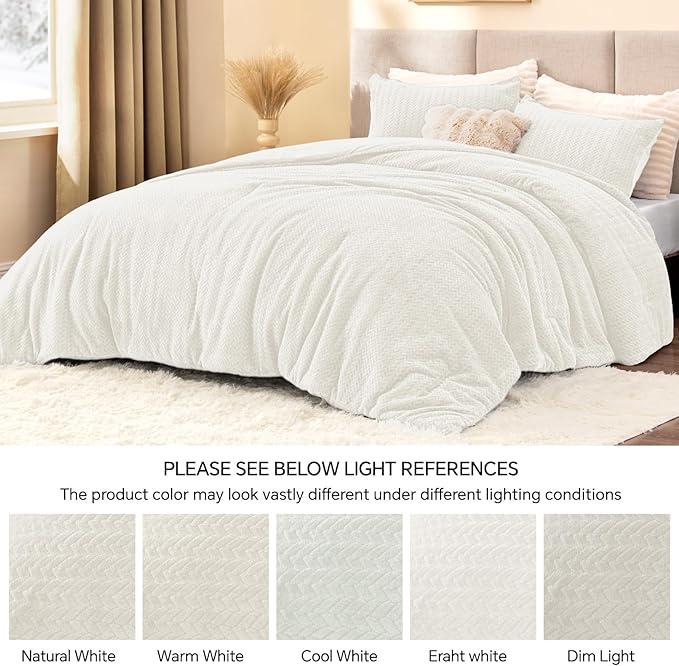 Flannel Fleece Full Comforter Set - Furry White Leaves Pattern Faux Fur Bed Set, Winter Ultra Soft Fuzzy Comfort Set, Velvet Bedding Set for Bed with 2 Pillow Cases
