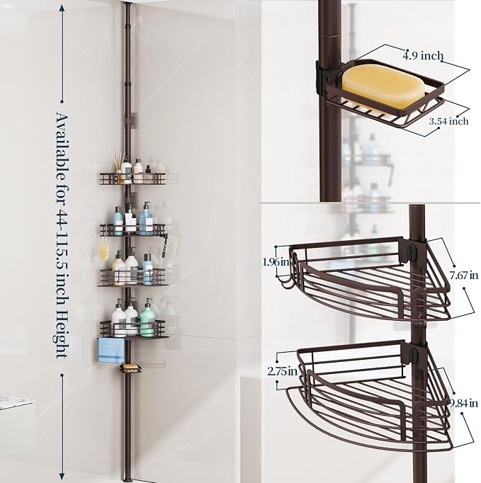 Consumest Corner Shower Caddy Tension Pole - Rustproof Shower Shelves with Towel Bar & Soap Holder, Adjustable Bath Organizer for Bathroom Storage, 27.6-108.3 inch, Bronze - Image 3