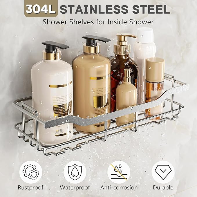 OMAIRA 3-Pack Shower Caddy with Soap Holder, Adhesive Rustproof No-drill Strudy Loading Inside Shower Organizer Shelves Rack Storage Bathroom Organization for Smooth Wall Glass Tile, Silver (X-Large) - Image 5