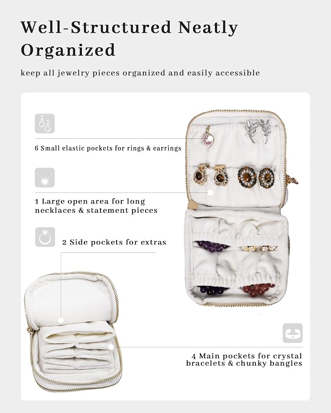 Stratalife Travel Jewelry Case Organizer 2-Layer Compact Storage Bag for Rings Earrings Necklace Bracelet Portable Velvet Jewelry Pouch with Zippers Travel Essential Gift for Women Cream White - Image 2